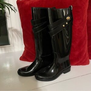Coach Talia Rain Boots Black Glossy Knee High Rubber Riding Boots Women’s Size 7